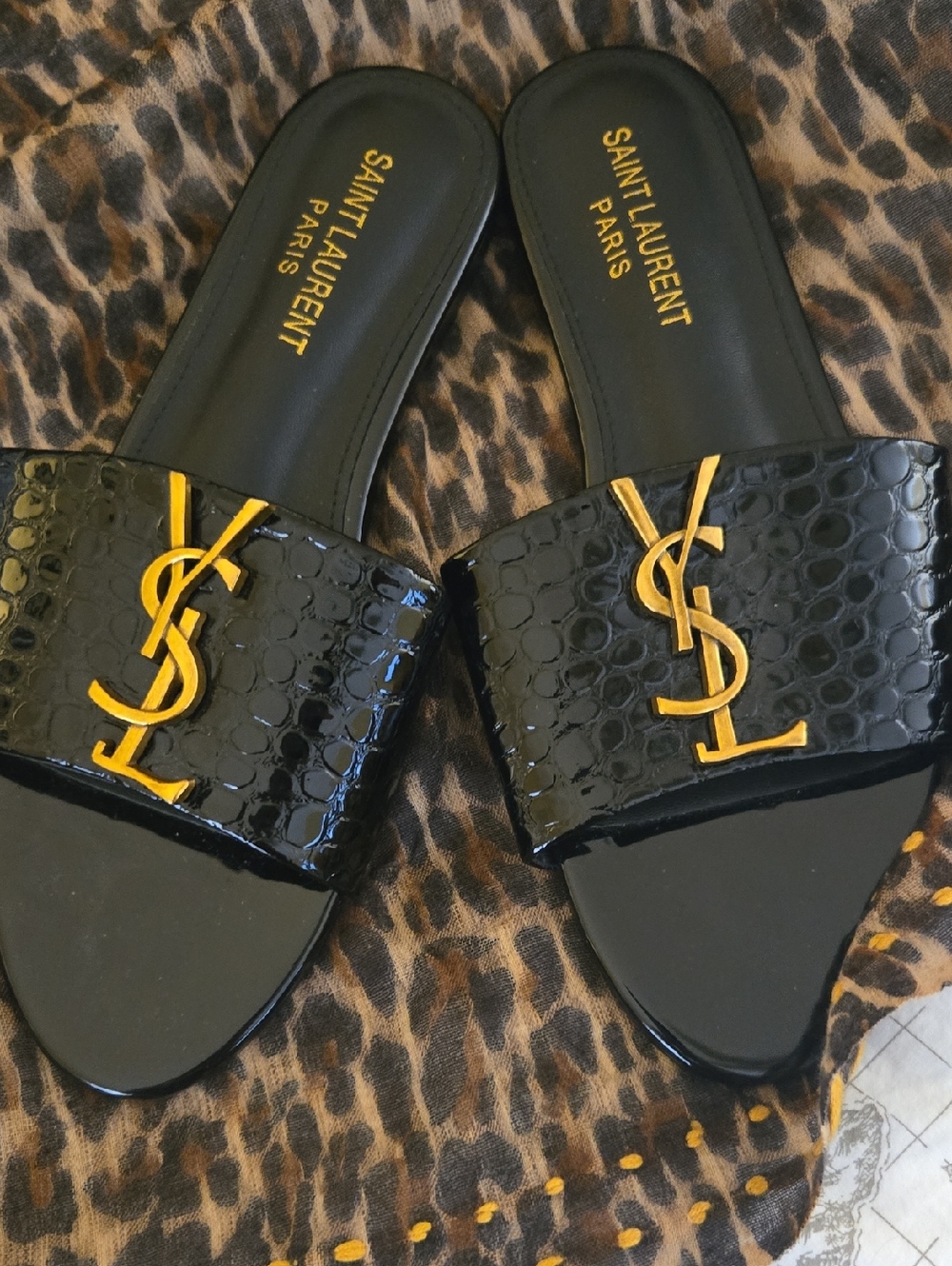 Black Patent Croc-Embossed Slide Sandals with Gold NEVER WORN